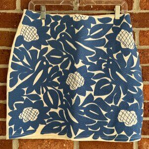 J. Marie Embroidered Mini Skirt | Blue White Tropical Floral Birds | Size S est.